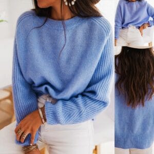 European Milk Blue Bedford Cord Sweater Women's Round-collar Long-sleeve Knitwear Casual Women's Clothing Fashion Knit Top Outerwear