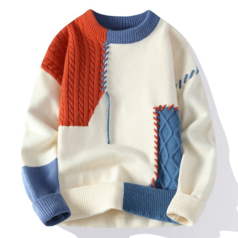 Ins Colorblock Pullover Sweater Winter Fashion Long Sleeve Knitted Top Men's Clothing - Image 2