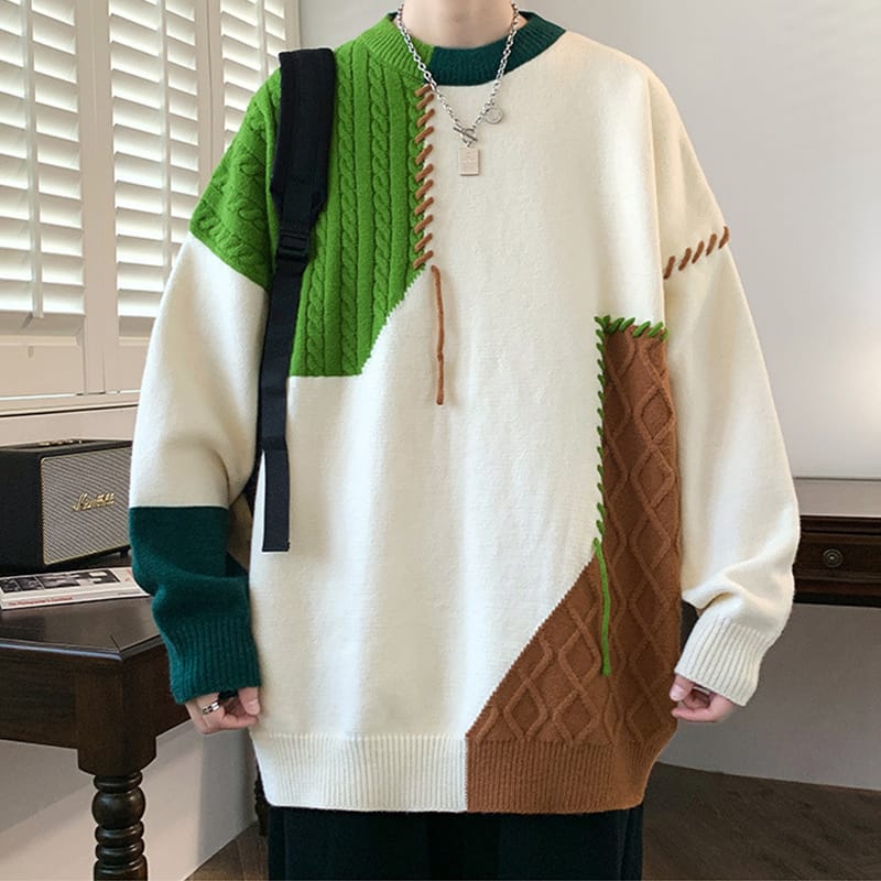 Ins Colorblock Pullover Sweater Winter Fashion Long Sleeve Knitted Top Men's Clothing - Image 5