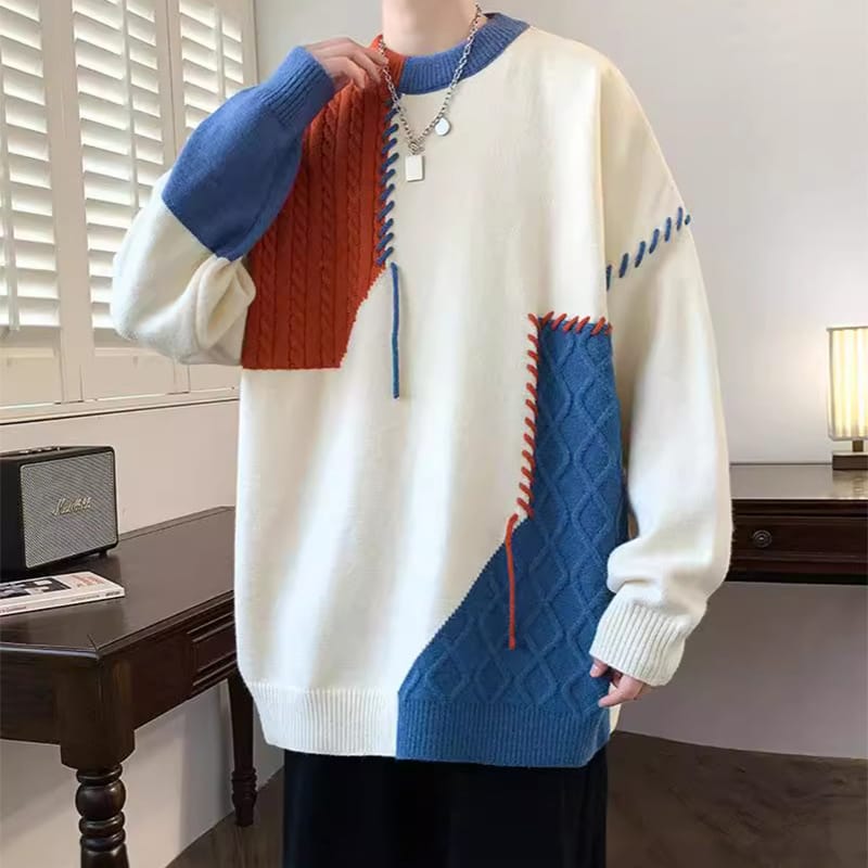 Ins Colorblock Pullover Sweater Winter Fashion Long Sleeve Knitted Top Men's Clothing - Image 9