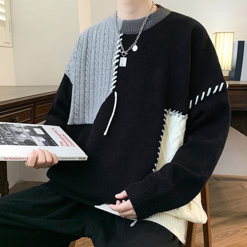 Ins Colorblock Pullover Sweater Winter Fashion Long Sleeve Knitted Top Men's Clothing - Image 7