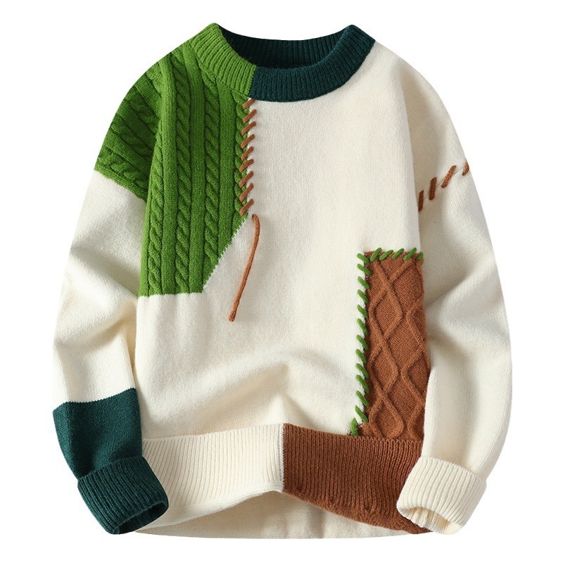 Ins Colorblock Pullover Sweater Winter Fashion Long Sleeve Knitted Top Men's Clothing - Image 3