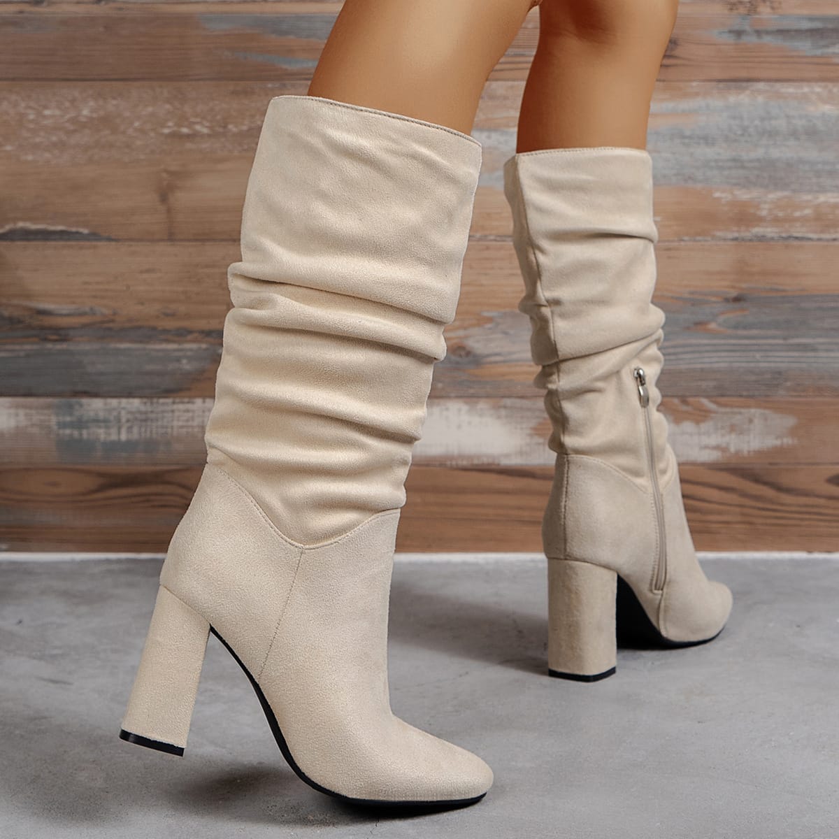 Wrinkled Chunky-heeled High-top Womens Boots - Image 2