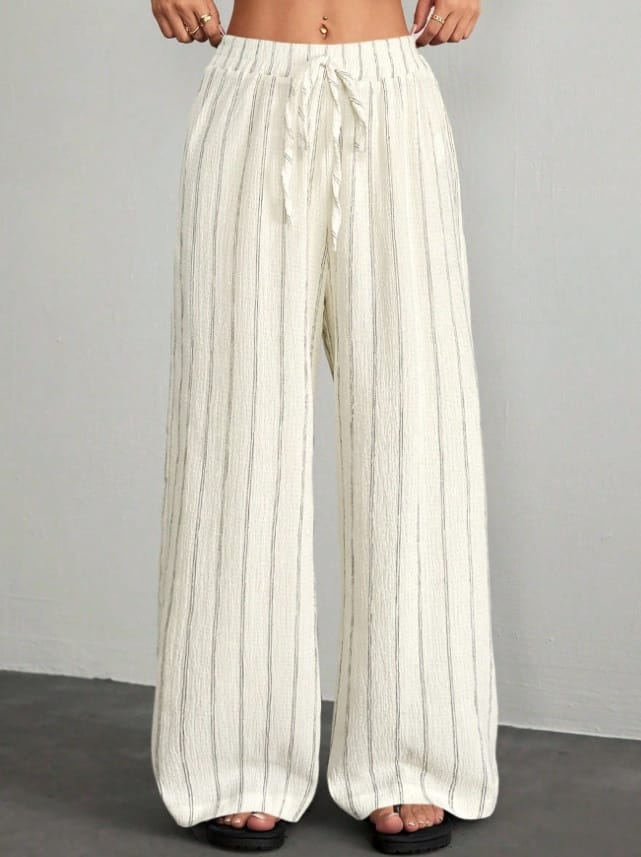 Textured Striped Wide-Leg Pants For Women, Elastic Waist Drawstring Casual Floor-Length Pants - Image 3