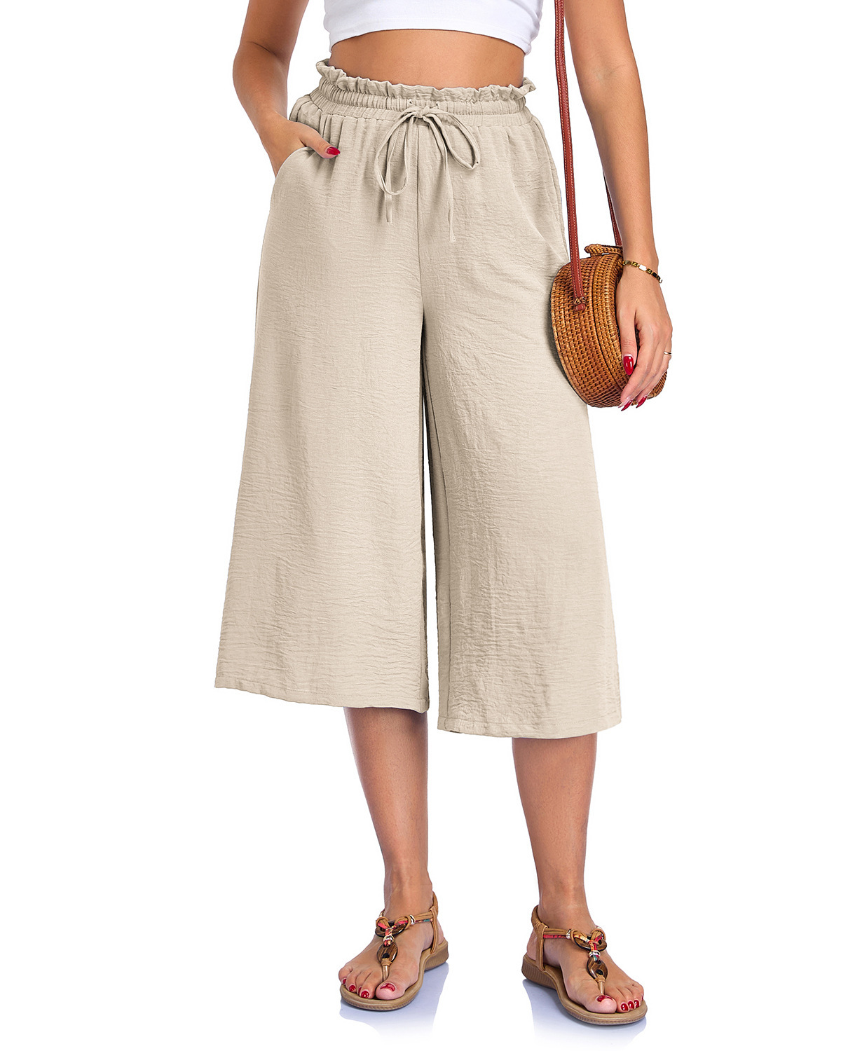 Women's Solid Color All-Match Elastic Cropped Pants Loose Wide-Leg Trousers - Image 10