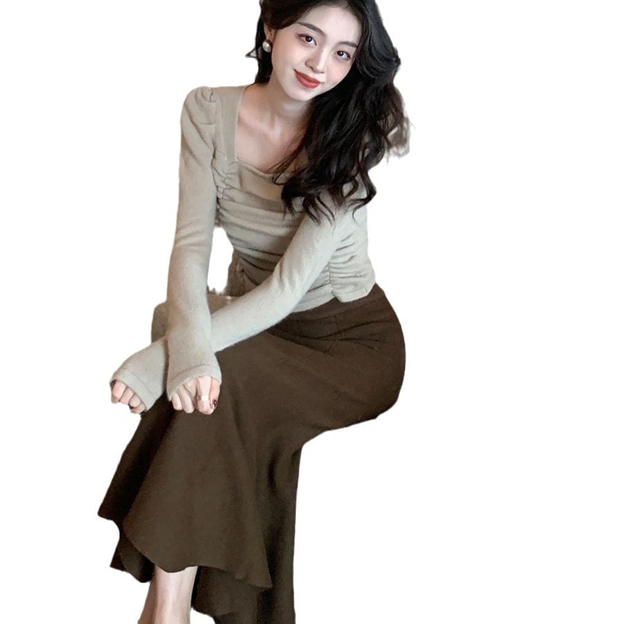 Womens Solid-Colored French-Style Retro High-Waist Knitted Fishtail Skirt - Image 6