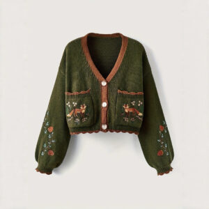 Women's Long-Sleeve V-Neck Knitted Sweater With Buttons And Pockets Top