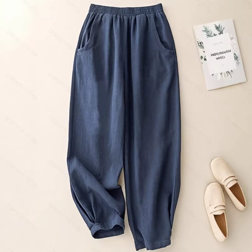 Navy Blue Cotton-Linen Ankle-Cinched Bloomer Pants For Women - Image 6