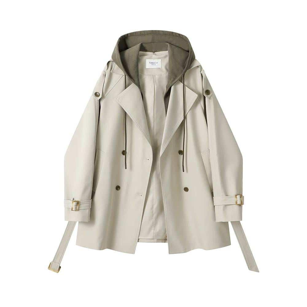 French Hepburn-style Faux Two-piece Hooded Trench Coat - Image 2