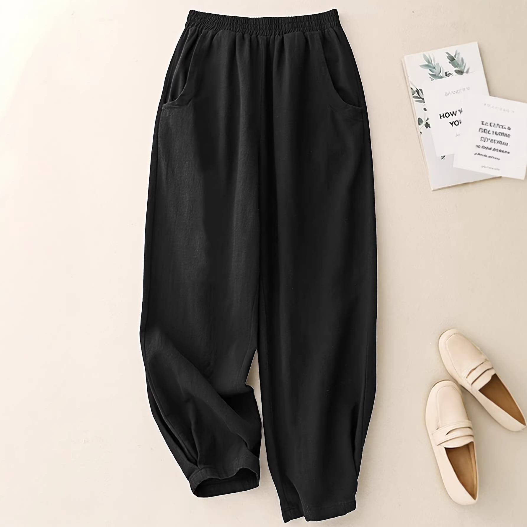 Navy Blue Cotton-Linen Ankle-Cinched Bloomer Pants For Women - Image 4