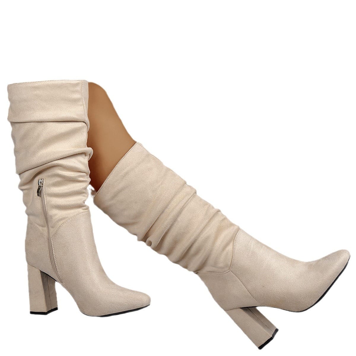Wrinkled Chunky-heeled High-top Womens Boots - Image 6