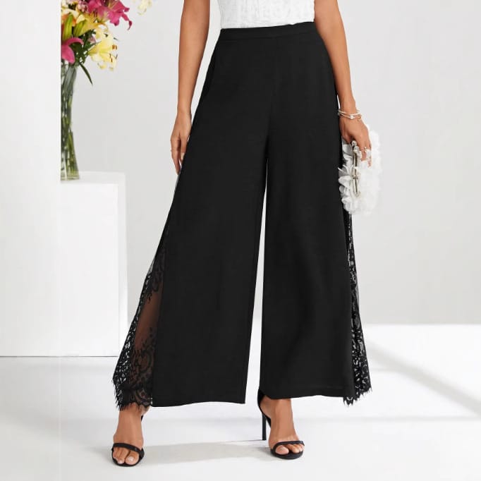 Elegant Lace-panelled High-waisted Casual Chic Wide-leg Pants - Image 2