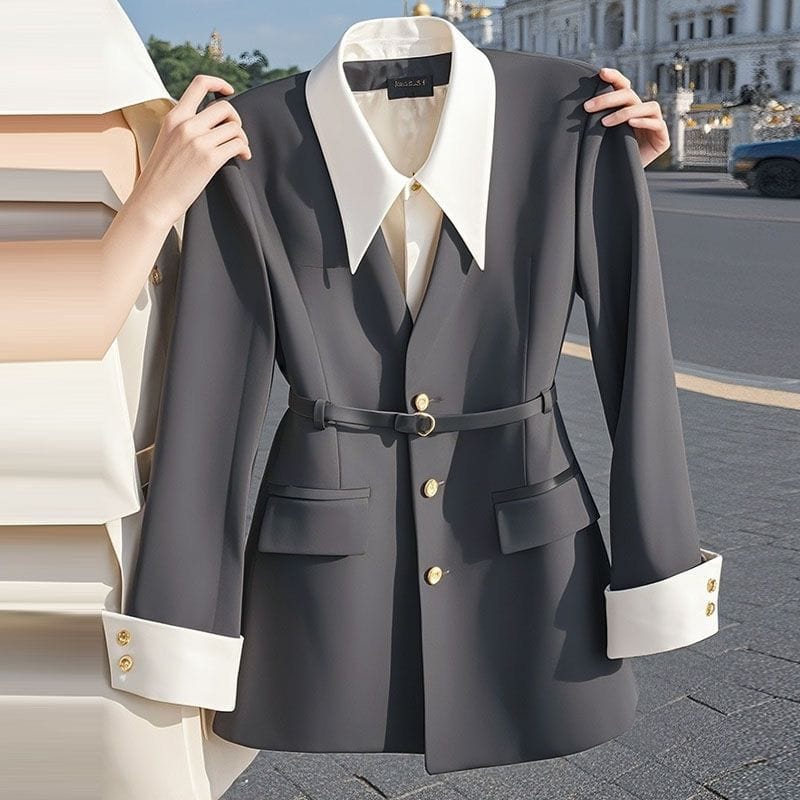 Womens Waist-Cinching Black Fake Two-Piece Blazer - Image 4
