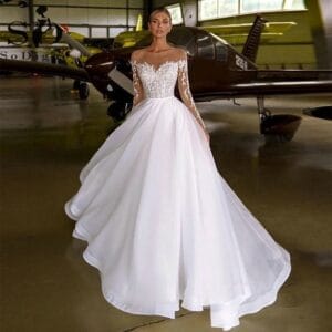 Embroidered Long Sleeve Off-the-shoulder Wedding Dress