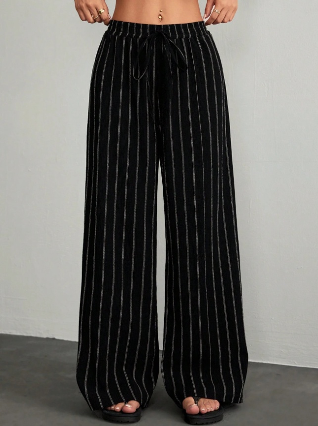 Plus Size High-Waisted Textured Wide-Leg Pants Pear-Shaped Body Slimming 2026 Summer Style Lazy Style Vertical Striped Wide-Leg Pants - Image 3