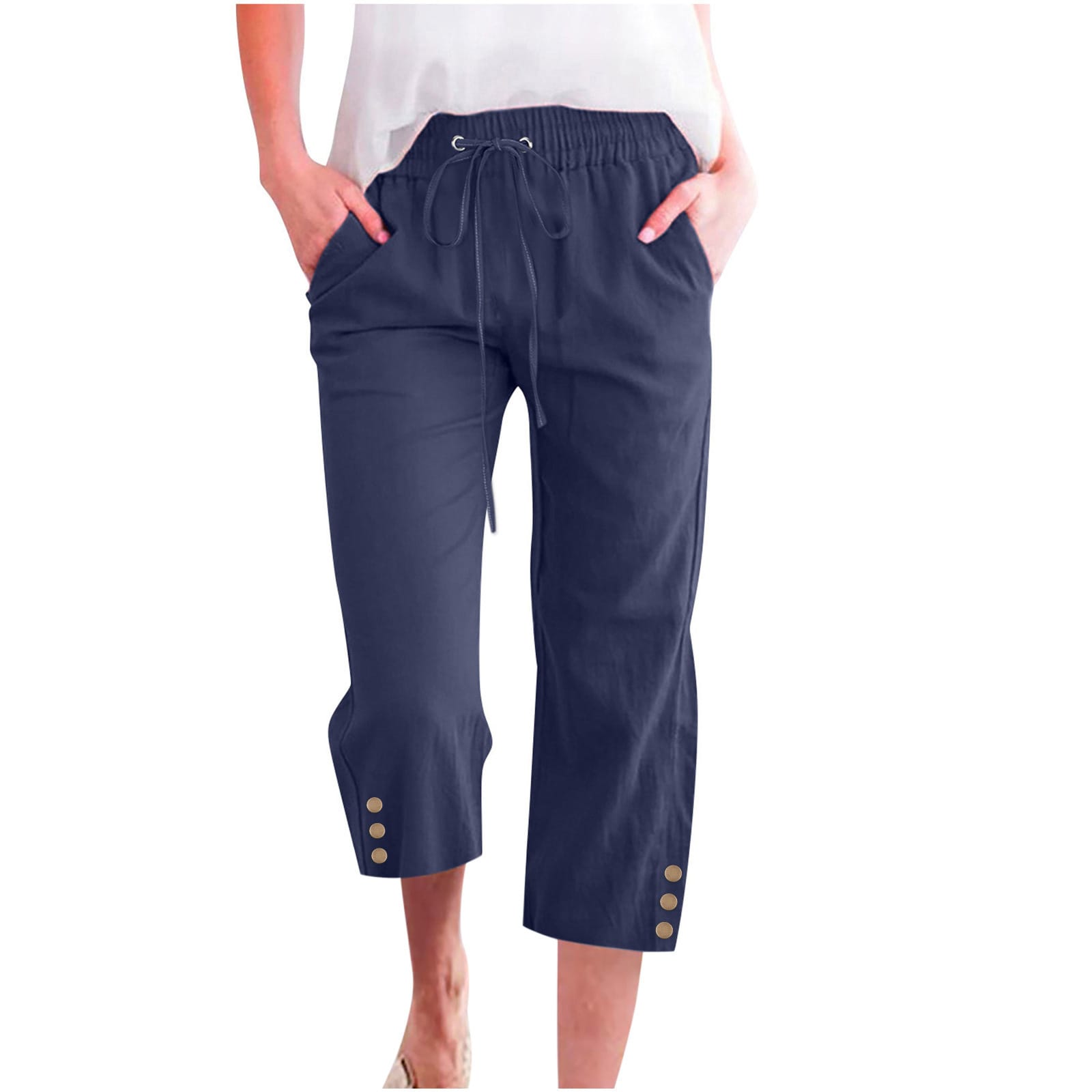 Womens Solid-Colored Drawstring Cotton-Linen Casual Loose-Fit Home Cropped Pants With Buttons And Pockets - Image 7