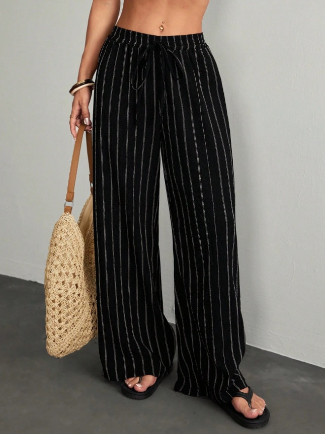 Plus Size High-Waisted Textured Wide-Leg Pants Pear-Shaped Body Slimming 2026 Summer Style Lazy Style Vertical Striped Wide-Leg Pants - Image 4