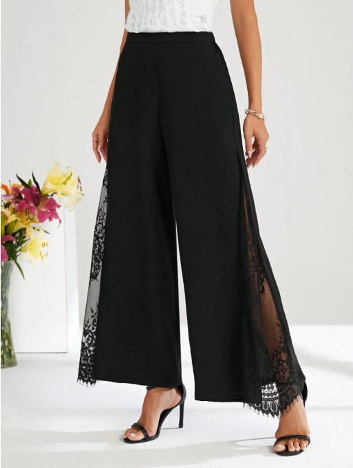 Elegant Lace-panelled High-waisted Casual Chic Wide-leg Pants - Image 5