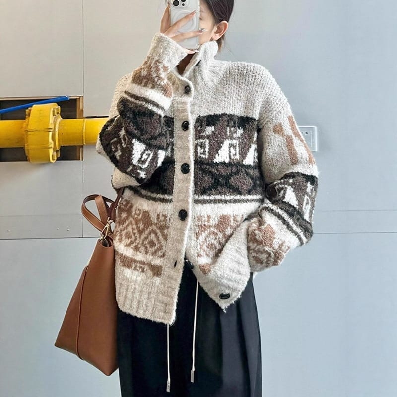 Fair Isle Retro Ethnic Style Cable-Knit Cardigan Sweater