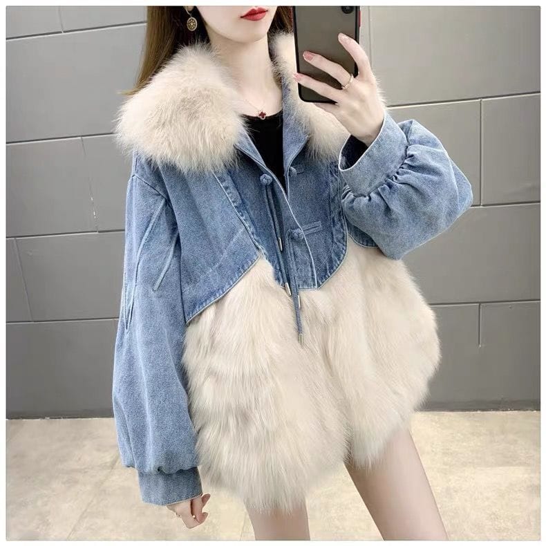 Denim Parka Womens Short Leather Faux Fox Fur Coat - Image 2