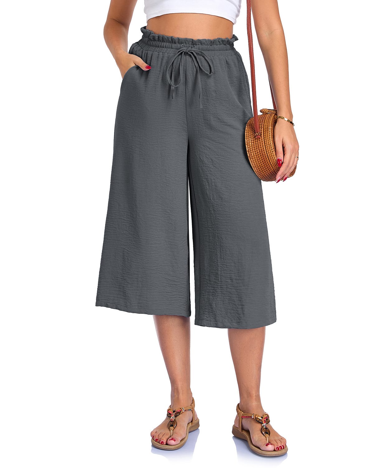 Women's Solid Color All-Match Elastic Cropped Pants Loose Wide-Leg Trousers - Image 3