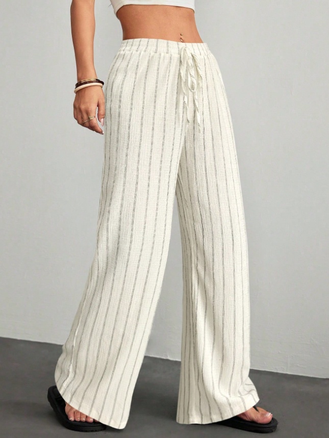 Textured Striped Wide-Leg Pants For Women, Elastic Waist Drawstring Casual Floor-Length Pants - Image 2