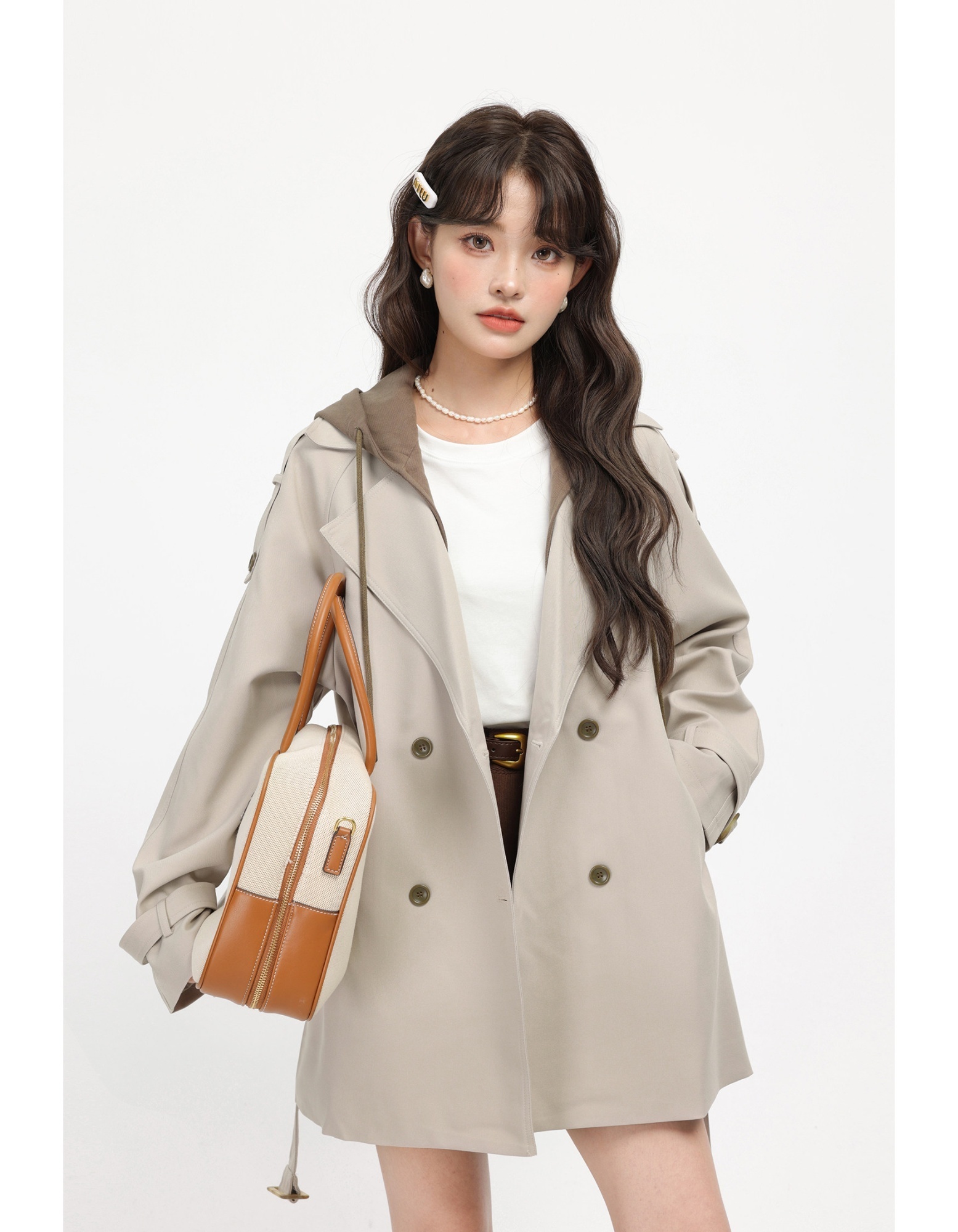 French Hepburn-style Faux Two-piece Hooded Trench Coat - Image 4