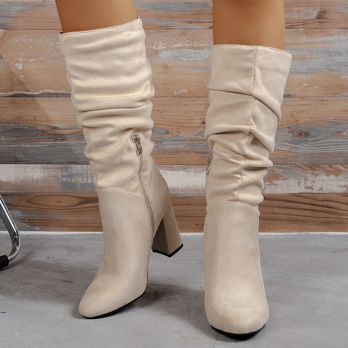 Wrinkled Chunky-heeled High-top Womens Boots - Image 4