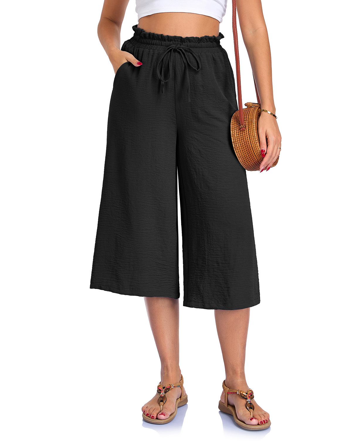 Women's Solid Color All-Match Elastic Cropped Pants Loose Wide-Leg Trousers - Image 4