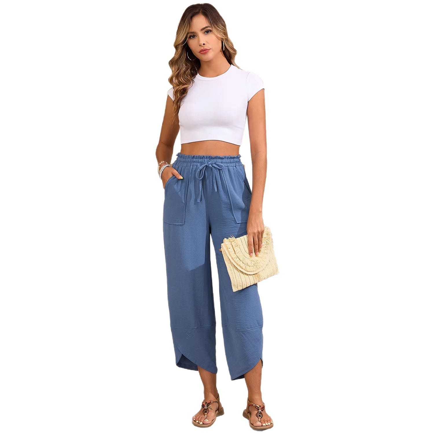 Women's Petal-Print Drawstring Elastic Waist Cropped Wide-Leg Pants - Image 7