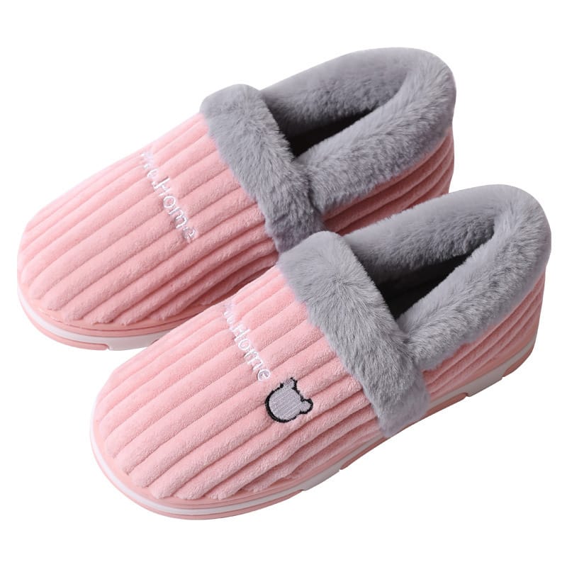 Corduroy Striped Faux Rabbit-Fur Slippers For Couples - Image 3