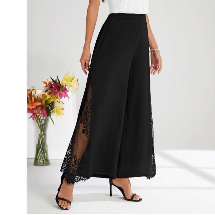 Elegant Lace-panelled High-waisted Casual Chic Wide-leg Pants - Image 3