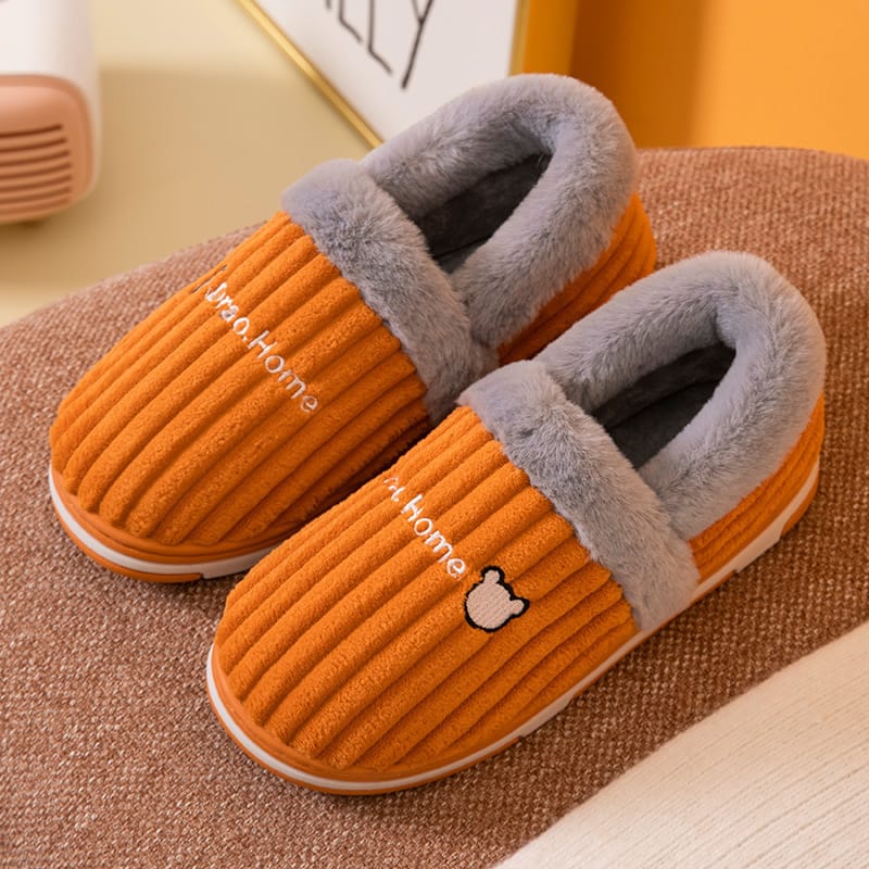 Corduroy Striped Faux Rabbit-Fur Slippers For Couples - Image 5
