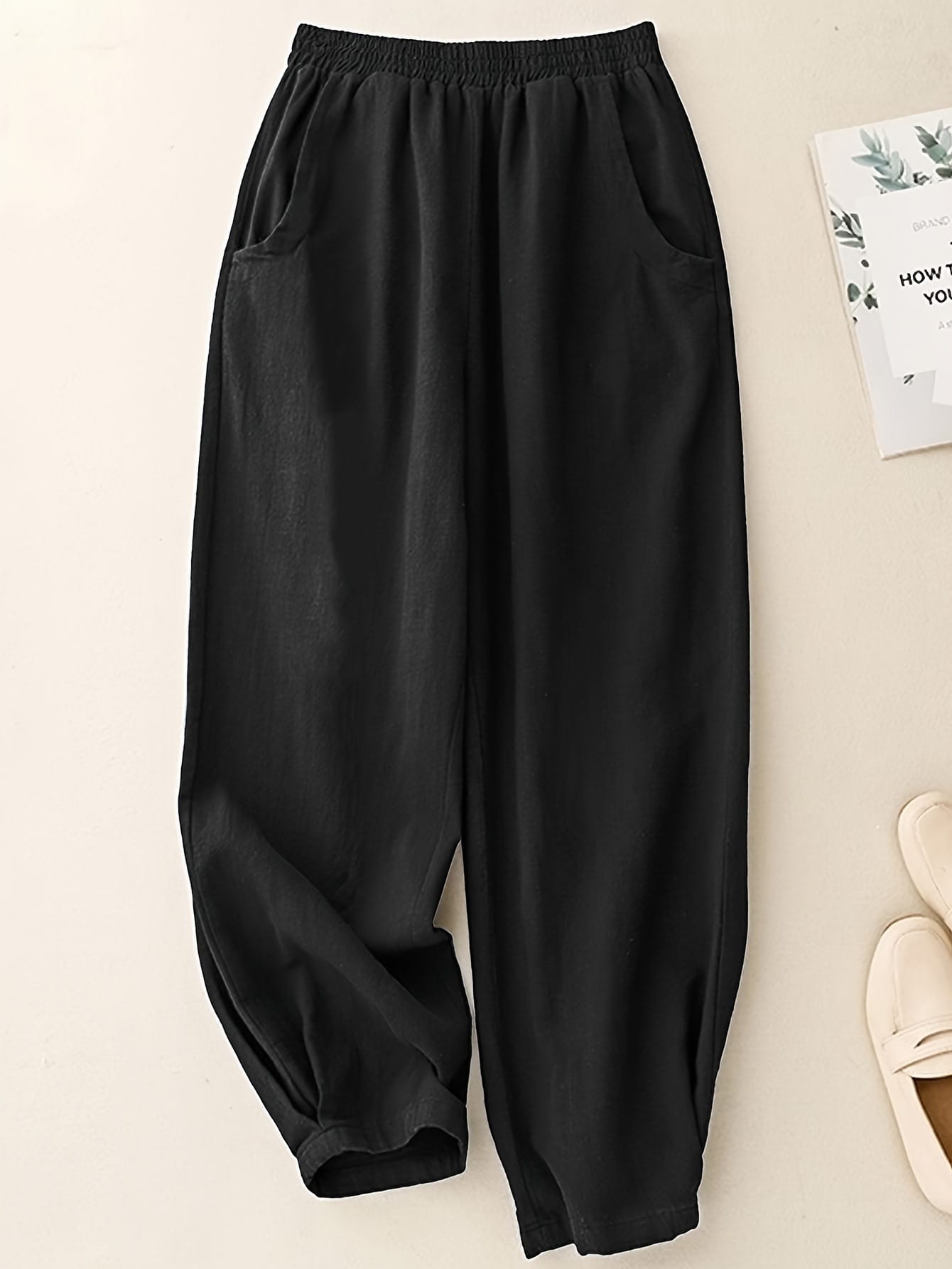 Navy Blue Cotton-Linen Ankle-Cinched Bloomer Pants For Women - Image 5