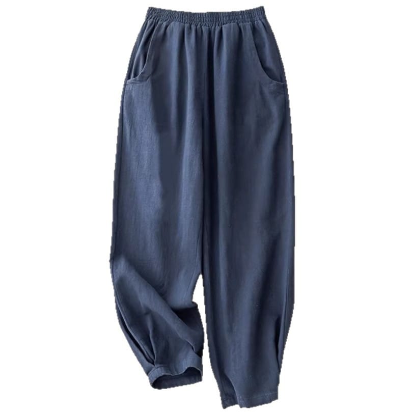Navy Blue Cotton-Linen Ankle-Cinched Bloomer Pants For Women - Image 7