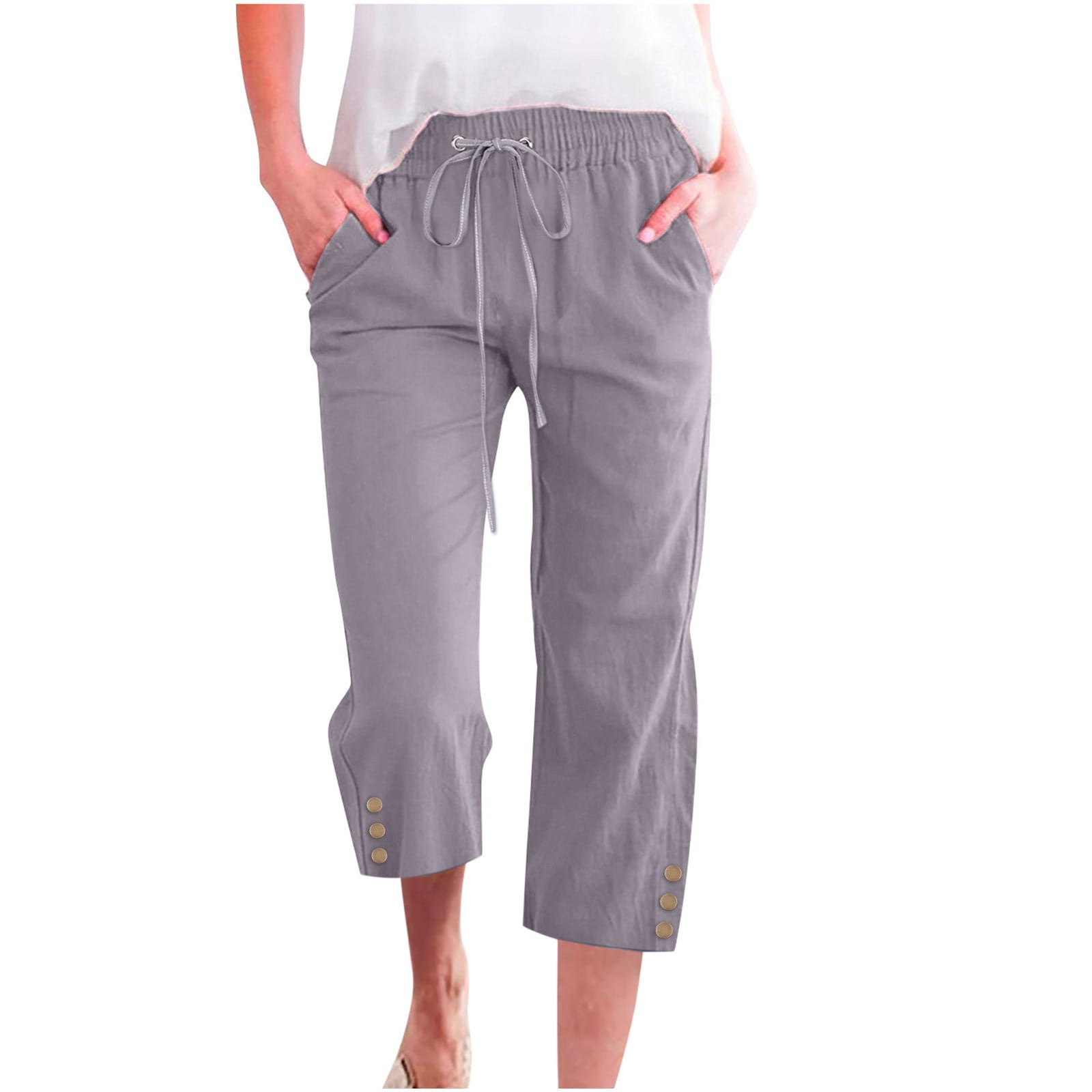 Womens Solid-Colored Drawstring Cotton-Linen Casual Loose-Fit Home Cropped Pants With Buttons And Pockets - Image 4