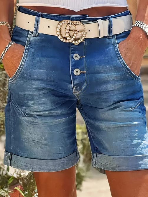Womens High-Waist Denim Cropped Pants With Elastic Waist And Rolled Hem - Image 7