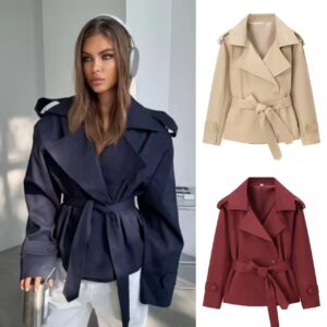 Womens Belted Short Jacket Trench Coat