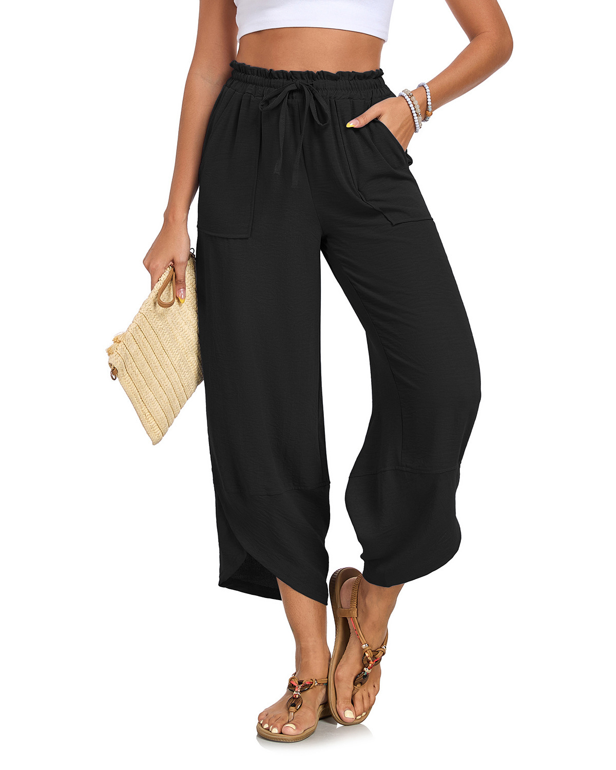 Women's Petal-Print Drawstring Elastic Waist Cropped Wide-Leg Pants - Image 8