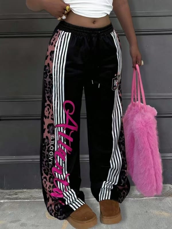 American Style Leopard Print Patchwork Sweatpants For Women, Side Stripes, Printed Letters, Trendy Street Style Casual Wide-Leg Pants - Image 4
