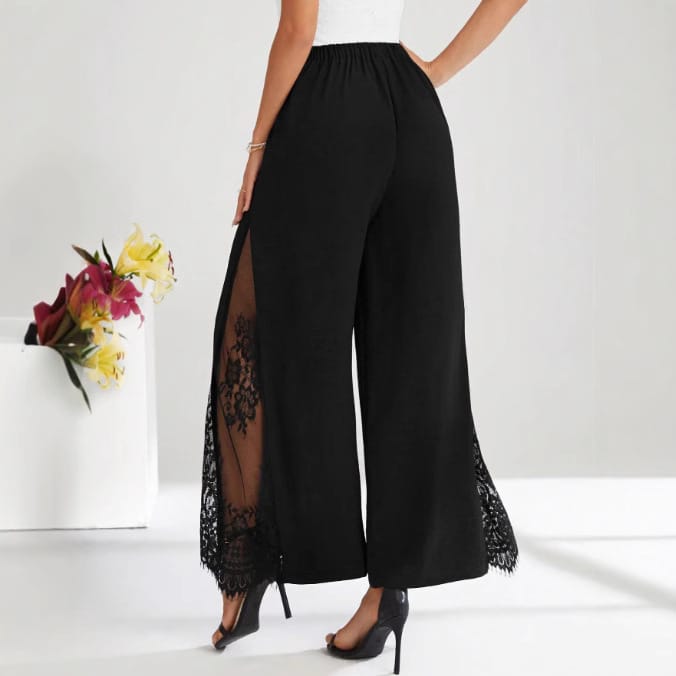 Elegant Lace-panelled High-waisted Casual Chic Wide-leg Pants - Image 4