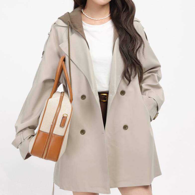 French Hepburn-style Faux Two-piece Hooded Trench Coat - Image 5