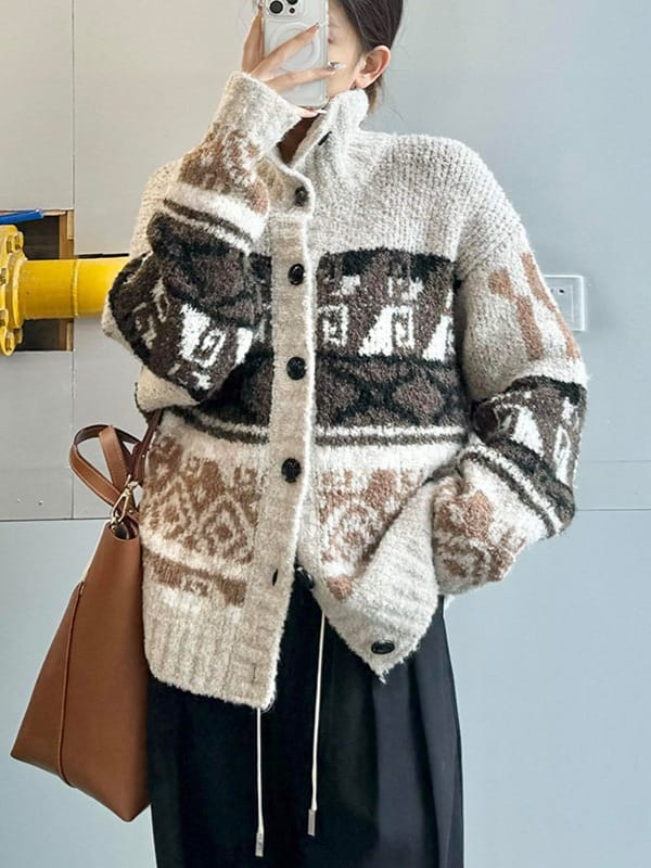Fair Isle Retro Ethnic Style Cable-Knit Cardigan Sweater - Image 5