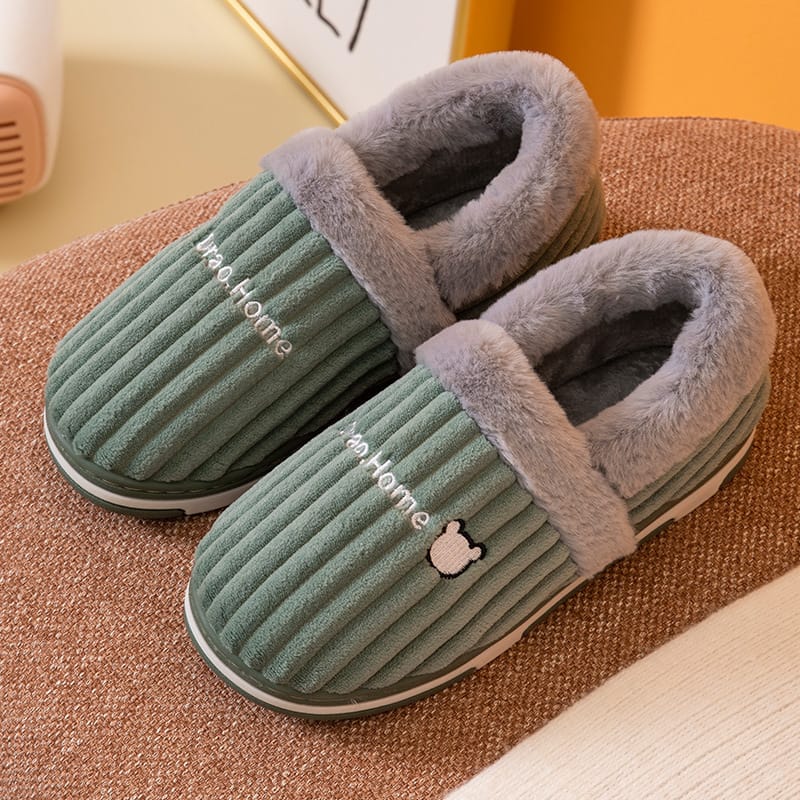 Corduroy Striped Faux Rabbit-Fur Slippers For Couples - Image 9