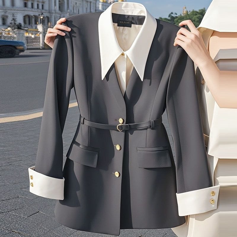 Womens Waist-Cinching Black Fake Two-Piece Blazer - Image 7