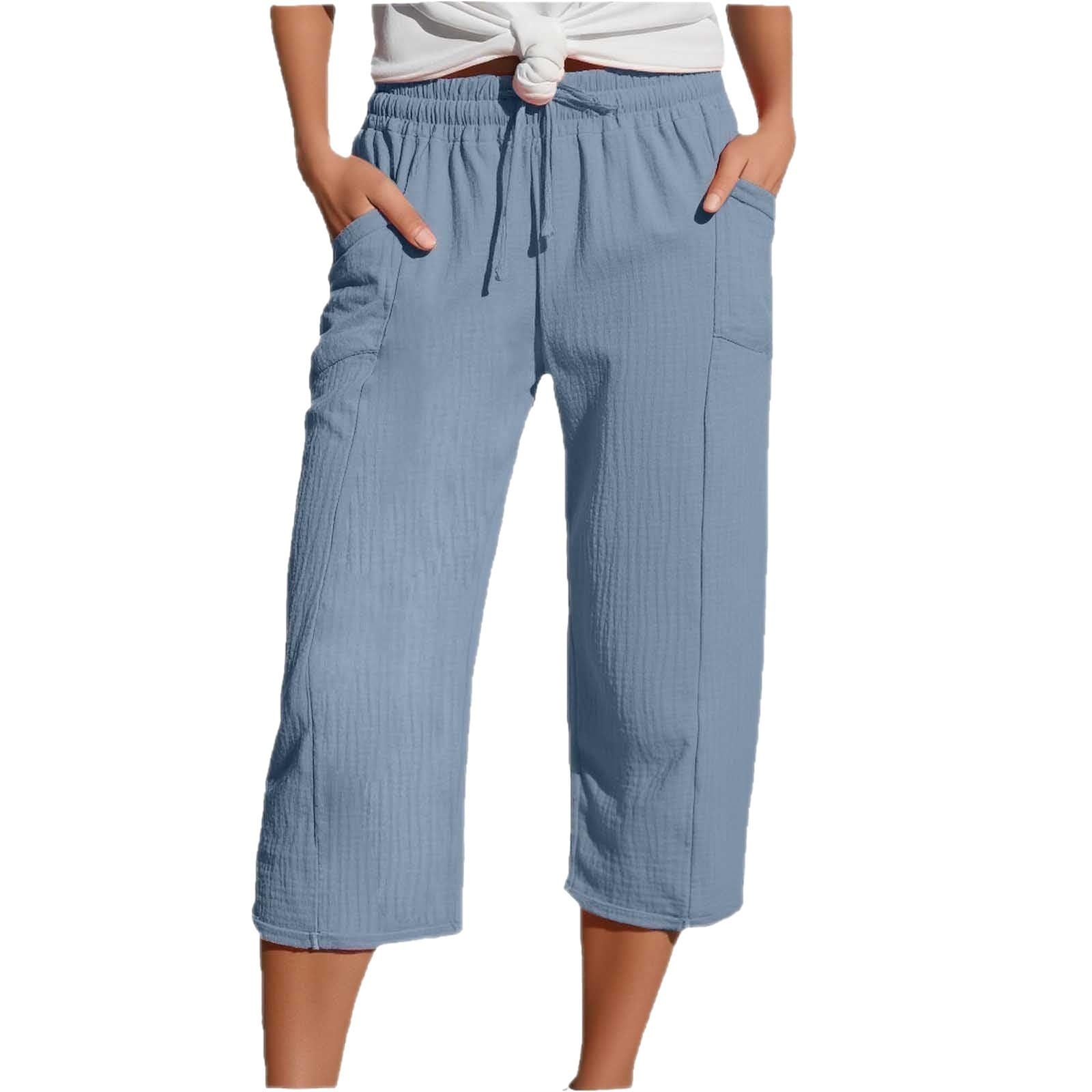 Women's Cotton-Linen Solid-Color Casual Cropped Pants With Elastic Waist - Image 6