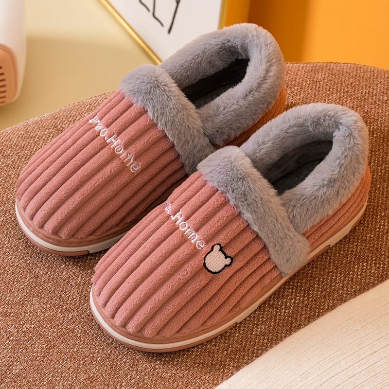 Corduroy Striped Faux Rabbit-Fur Slippers For Couples - Image 6