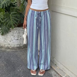 Draped Blue And White Striped Wide-leg Pants With An Elastic Waistband
