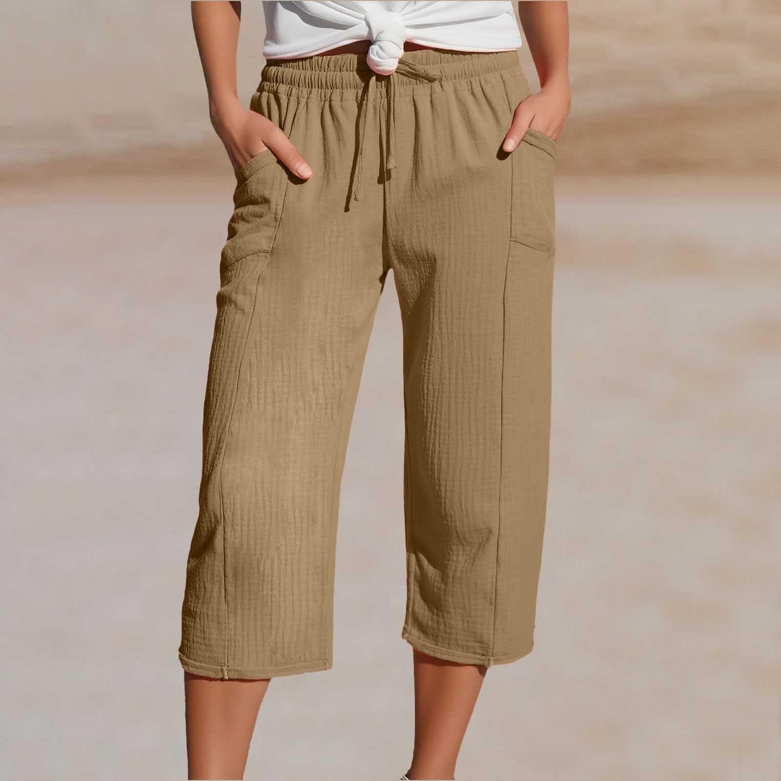 Women's Cotton-Linen Solid-Color Casual Cropped Pants With Elastic Waist - Image 2