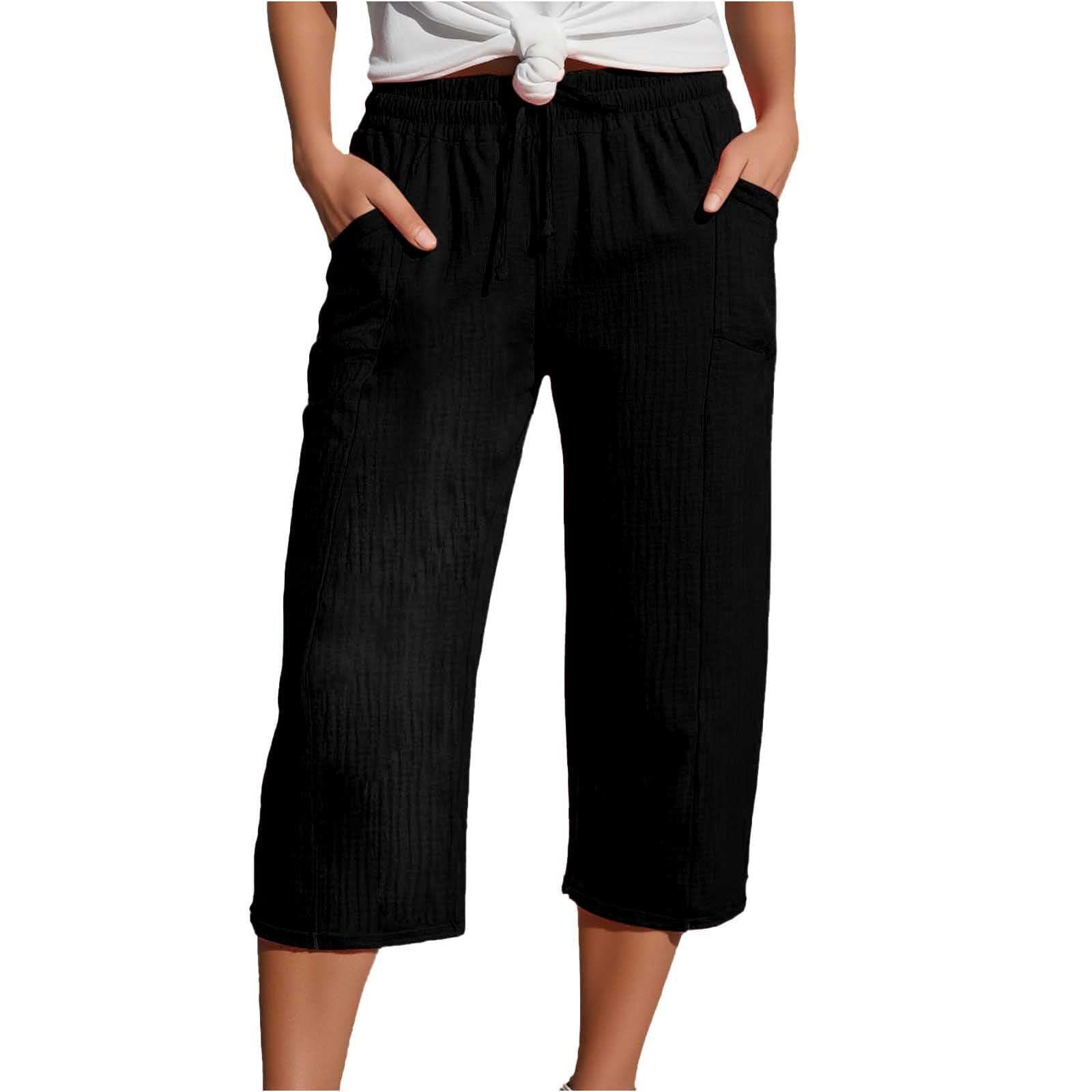 Women's Cotton-Linen Solid-Color Casual Cropped Pants With Elastic Waist - Image 3
